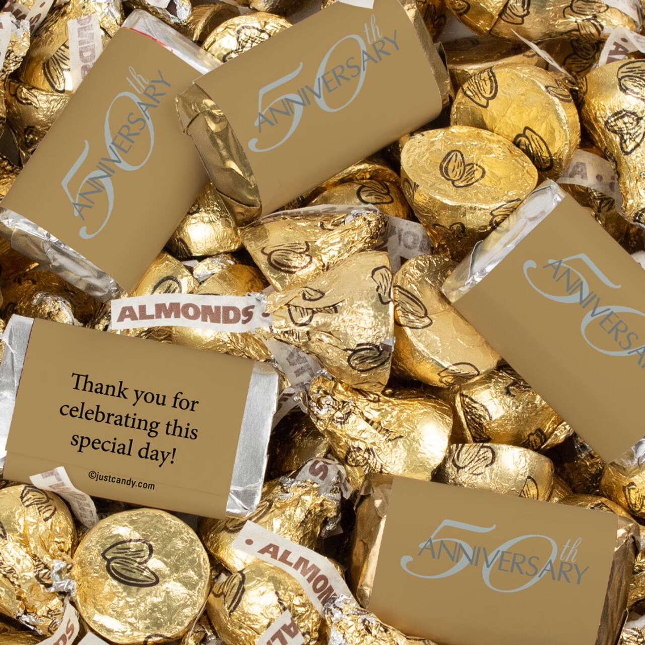 128 Pcs 50th Anniversary Candy Party Favors Miniatures & Gold Almond Kisses (1.65 lbs, Approx. 128 Pcs)